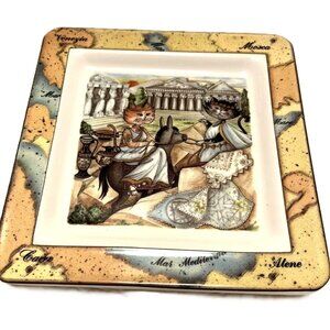 Tourist Cats Square Ceramic Plate 6.5" Made In Italy With Roman Travel Map Cats